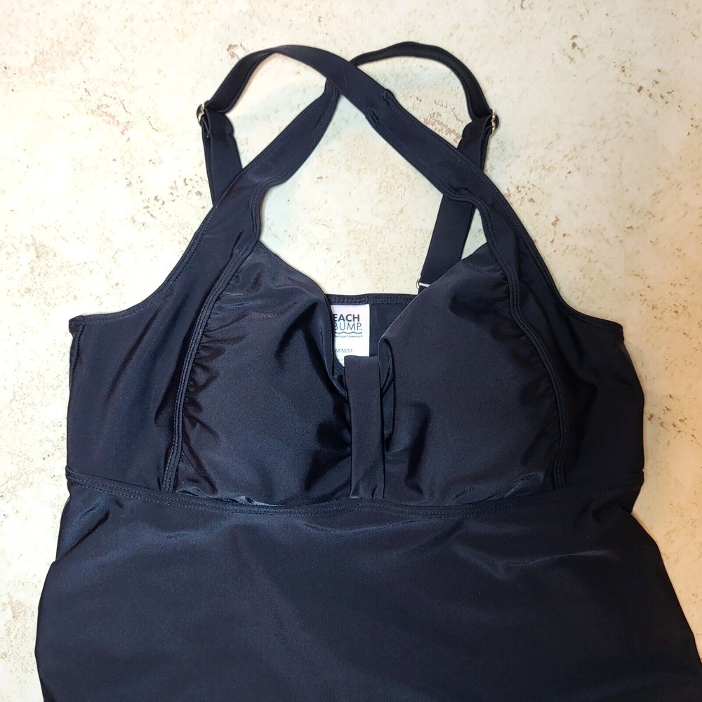 Beach Bump Maternity Tankini Top Black Ruched Front Adjustable Straps Medium